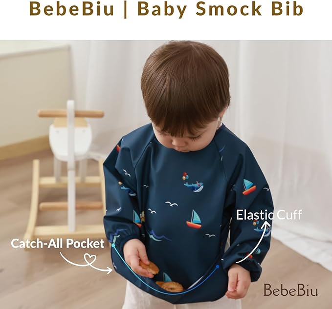 Long Sleeve Baby Bib, Waterproof Fabric, Catch-All Pocket, Baby Smock Bib, Adjustable Sleeves