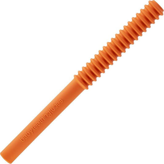 Baby Teething Tubes - Made in The USA Baby Teething Toys - Soft & Durable Infant Toys and Toddler Silicone Teether - 7 Inches, Orange - Baby Must Haves for Teething Relief - Food Safe & Easy to Clean