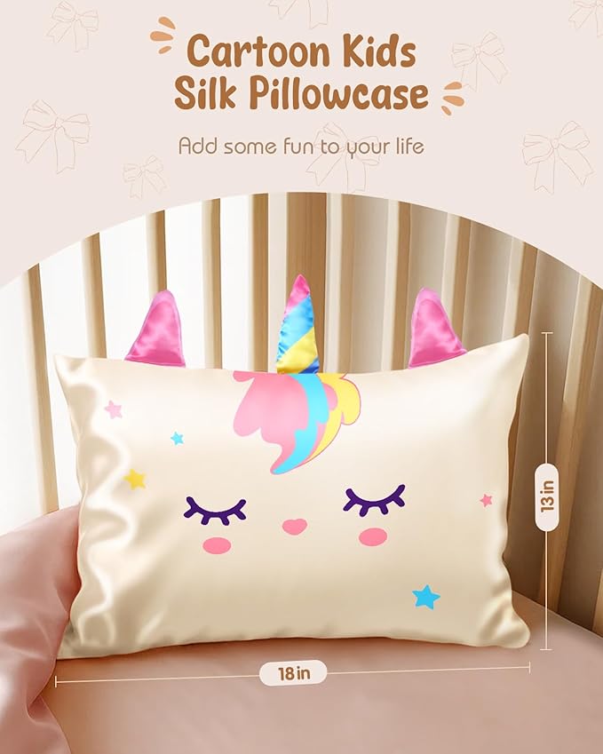 Toddler Pillowcases 13"x18" for Kids - Cute Cartoon Soft Breathable Silk Pillow Cases for Hair and Skin with Hidden Zipper for Girls Fun Kawaii Design for Bedding, White Unicorn