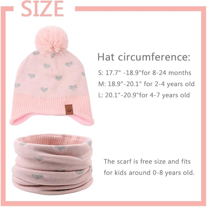 JANGANNSA Knitted Baby Hat Scarf Set Winter Warm Boys Girls Beanie Fleece Lining Toddler Kids Hats with Pompom
