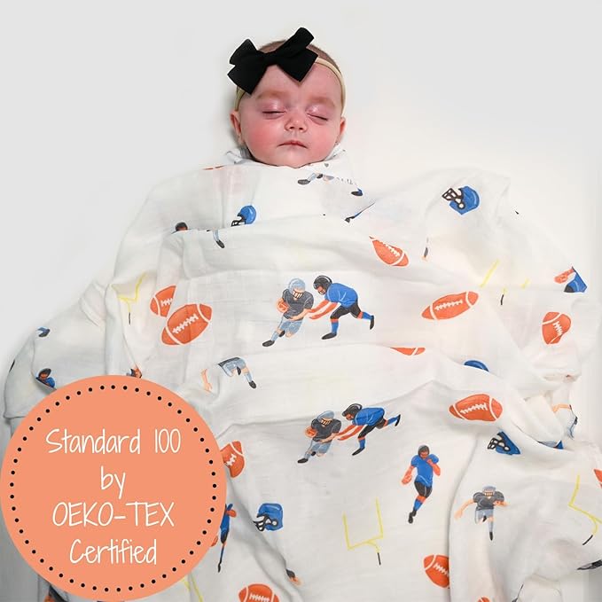 LollyBanks Swaddle Blanket 100% Muslin Cotton, 47 x 47 inches Soft Breathable Muslin Baby Swaddles for Boys, Baby Essentials, Registry and Gift (Football Print), Touchdown