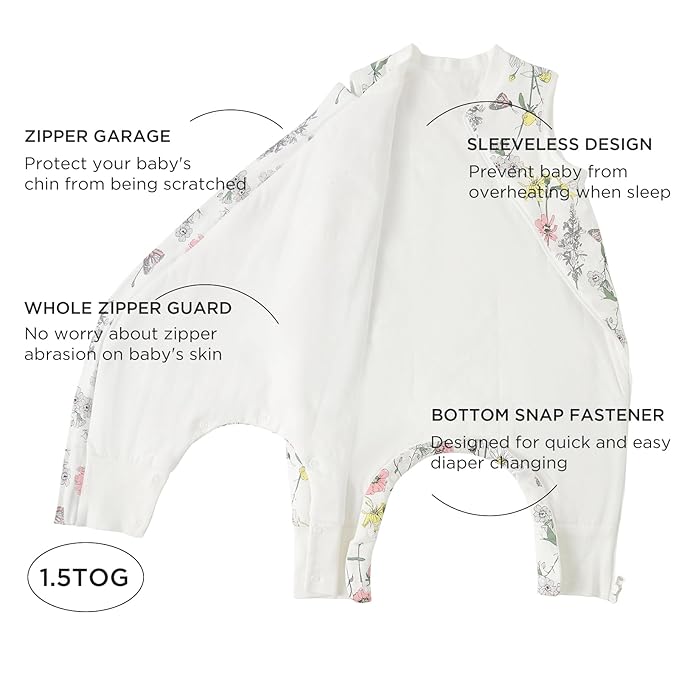 Duomiaomiao 1.5 TOG Toddler Sleep Sack 6-12 Months 100% Cotton Four Season Side Open Zipper Baby Sleep Sack with Feet, Breathable Toddler Wearable Blanket
