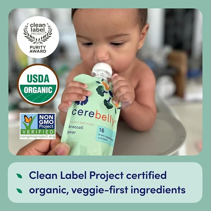 Cerebelly Organic Baby Food Pouches, Broccoli Pear Purees, 16 Nutrients, No Added Sugar, Fiber & Non-GMO, 4oz, 12 Pack