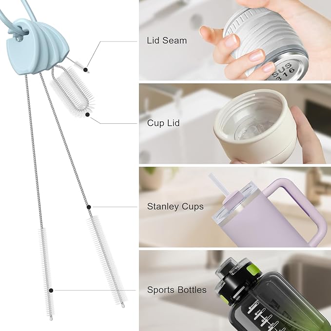 YOTIME Standing Straw Cleaner Brush Set, 4in1 Reusable Straw Brushes with Holder Ring, for Wide and Narrow Straws, Tumblers, Water Bottles and Cups, Blue