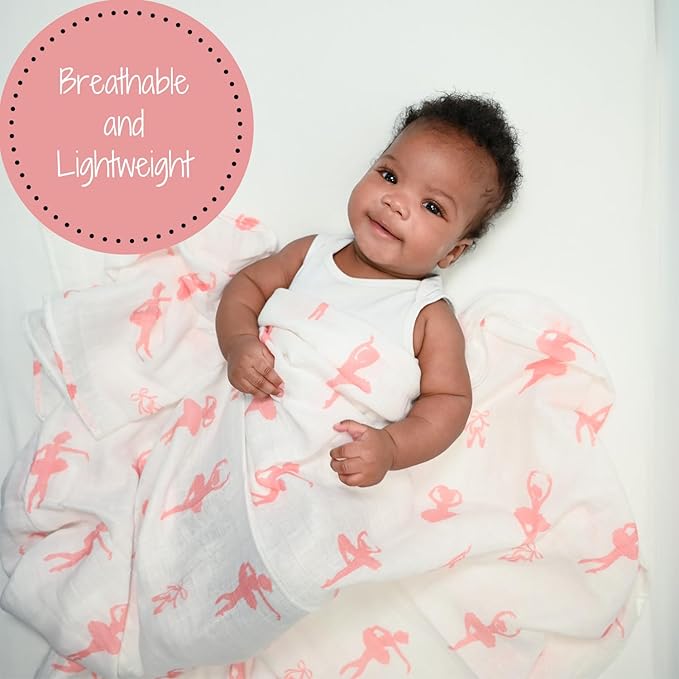 LollyBanks Baby Blanket, 100% Cotton Muslin Swaddle Blankets, Soft Girl Blanket 47 x 47 Inches, Nursery Swaddling Blankets for Girls, Baby Essentials, Registry (Ballet Print, Dance)