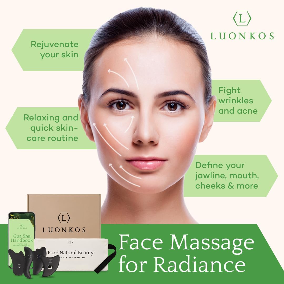 LUONKOS Gua Sha Tools Set - Large Black Bian Stone, 4-Pc - Face & Lymphatic Drainage Massager - Skin Care & Face Sculpting Tool