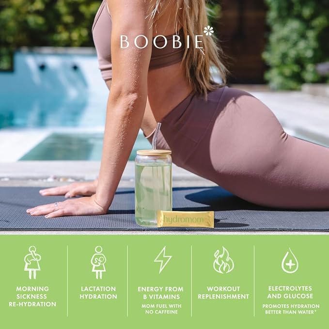 Boobie Hydromom Superfood Electrolyte Drink Mix, Green Apple | Refreshing Energy & Hydration Boost for Mamas | On-The-Go & Travel Essentials for Pregnancy, Lactation, & Beyond, 15 Packets
