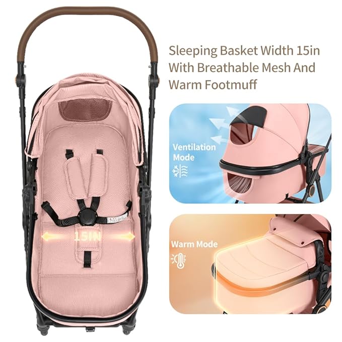 2 in 1 Baby Stroller, High Landscape Infant Stroller Pram Foldable Pushchair with Adjustable Canopy, Storage Basket, Suspension Wheels,5-Point Harness,Mom Bags (Pink)