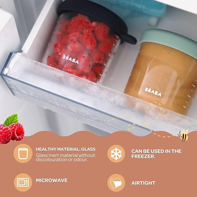 BEABA 4 Pack Glass Baby Food Jars with Soft Silicone Air Tight Lids, 8 oz Glass Storage Containers with Lids, Microwave and Freezer Safe Containers, Sunrise