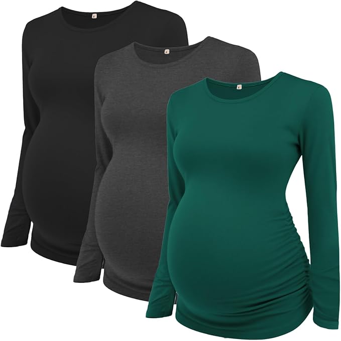 Ecavus Women's Maternity Shirts Long Sleeve Soft Stretchy Pregnancy Tops Side Ruched Casual Mama Clothes