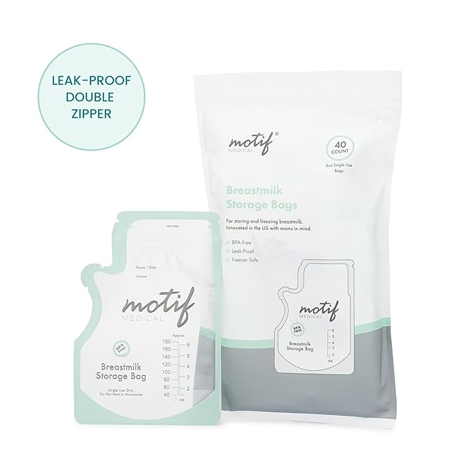 Motif Medical Breastmilk Storage Bags - Breastmilk Freezer Bags w/Easy Pour Spout, Write-On Label - Leak-Proof Double Zipper Milk Bags for Breastmilk - Breastfeeding Mom Gifts (6 Oz, 40 Count)