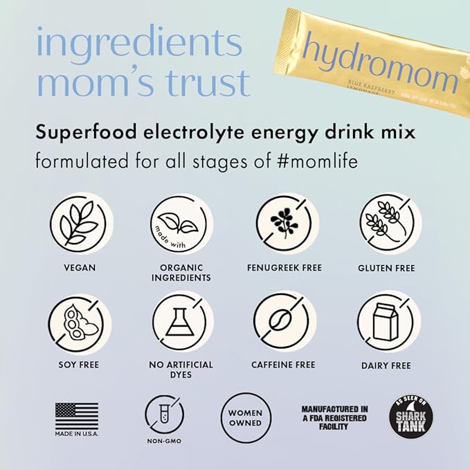 Boobie Hydromom Superfood Electrolyte Drink Mix, Blue Raspberry Lemonade | Refreshing Energy & Hydration Boost for Mamas | On-The-Go & Travel Essentials for Pregnancy, Lactation, & Beyond - 2 Pack