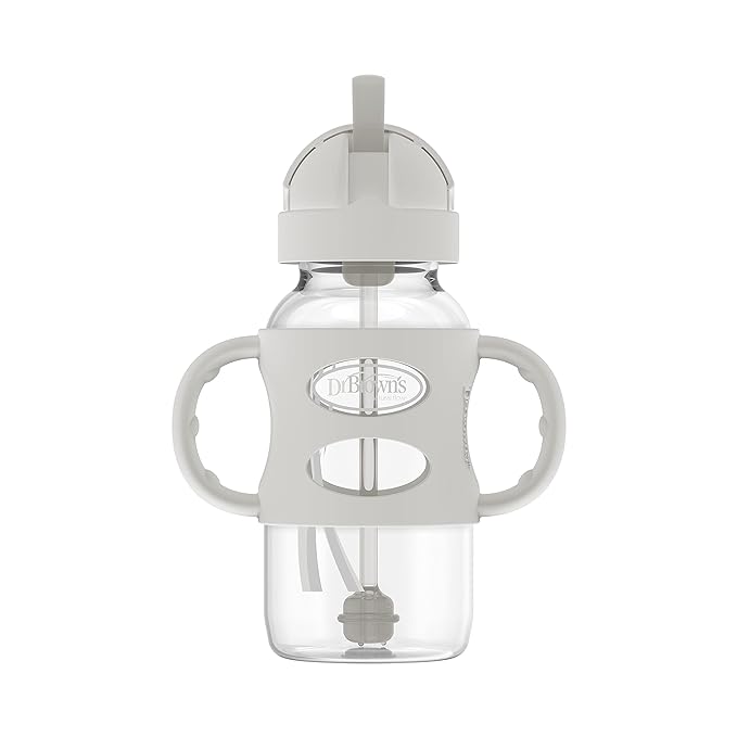 Dr. Brown's Milestones Wide-Neck Sippy Straw Bottle with 100% Silicone Handles and Weighted Straw, 9 oz/270 mL, Gray & Green, 6m+ (Pack of 6)