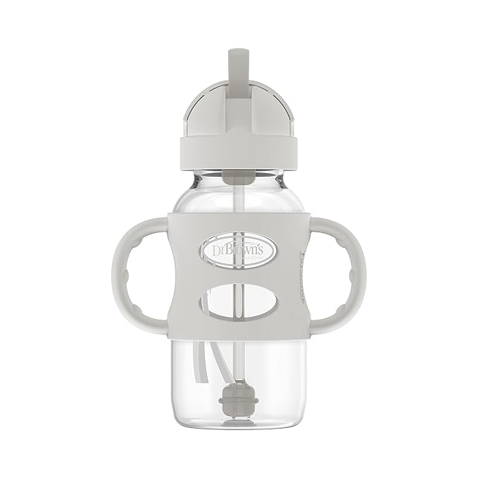 Dr. Brown's Milestones Wide-Neck Sippy Straw Bottle with 100% Silicone Handles and Weighted Straw, 9 oz/270 mL, Gray & Green, 6m+