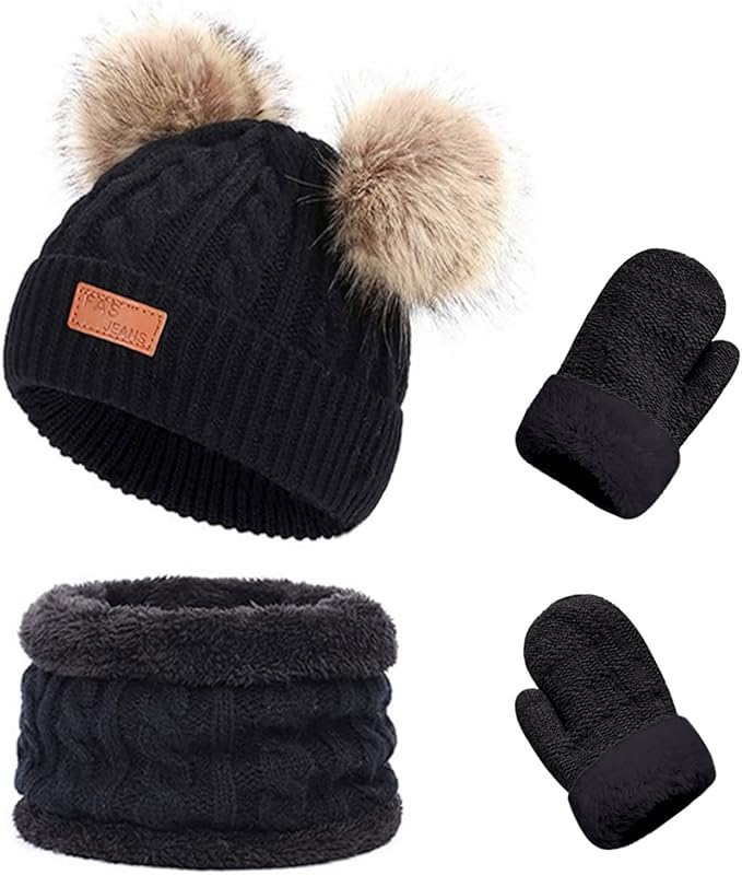 Duoyeree Baby Winter Hat Scarf Glove Beanie Set Girls Boys Pom Pom Knitted Beanie Mitten Scarves for Toddler 0-3T