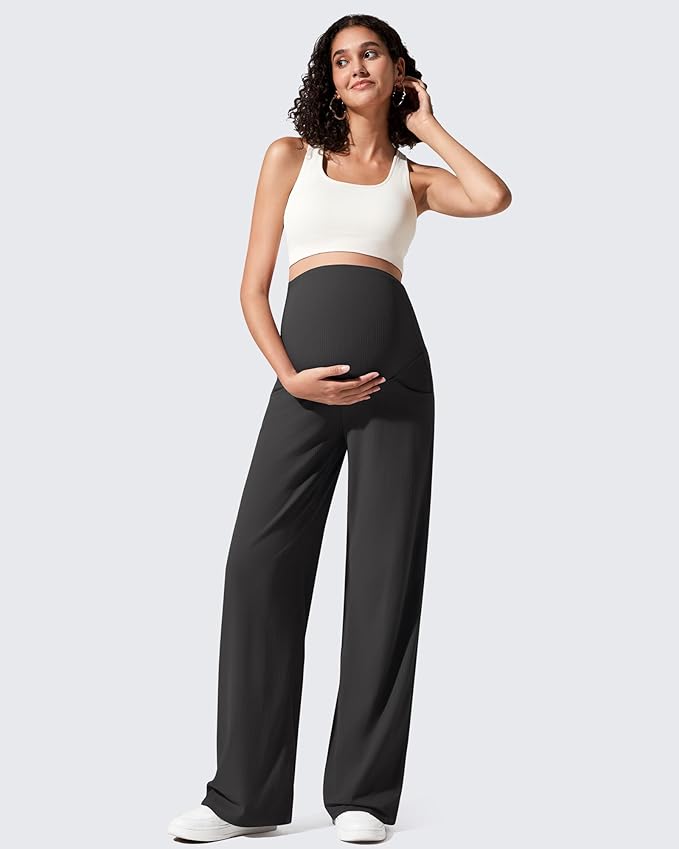 G4Free Ribbed Maternity Yoga Pants with Pockets Over The Belly Wide Leg Casual Pregnancy Lounge Trousers