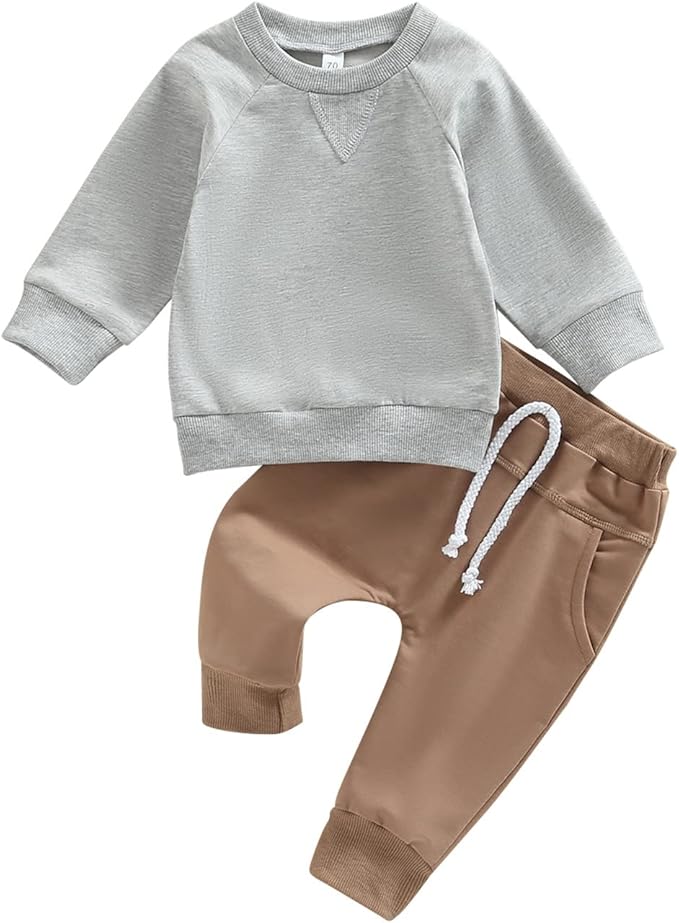 Toddler Baby Boy Clothes Solid Color Long Sleeve Crewneck Sweatshirt Top Casual Pants Set 2Pcs Fall Winter Outfits