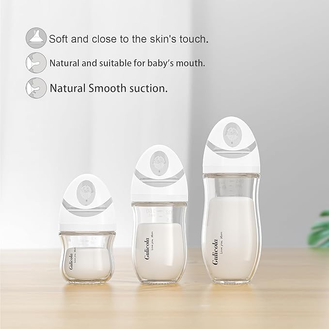 Gulicola Small Glass Baby Bottle for Newborn Breastfeeding Babies, Preemie & Extra Slow Flow Nipples (SS), Anti-Colic, Breast-Like, 0 Months+, 3 oz, 2 Pack - White