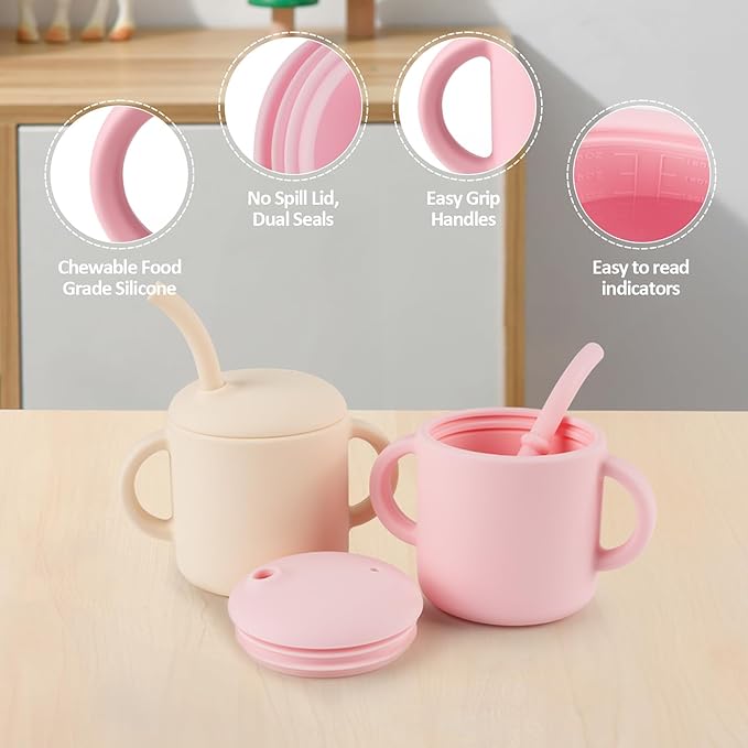 Silicone Baby Cup with Straw, Straw Cup for 6 months+ old, Leak Proof Silicone Baby Training Cup 6 fl oz (Green)