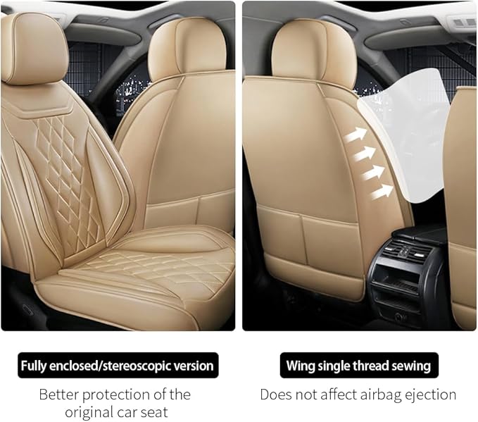 Leather Car Seat Covers for Volkswagen Atlas 2019-2023 Waterproof,Breathable and Non-Slip Napa Leather Car Interior Seat Covers,Comfortable and Durable,Easy to Install(5PCS Comfort,Beige)
