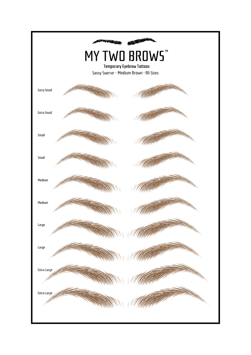 (10 pairs) Medium Brown Temporary Eyebrow Tattoo - Extra Large Size - Waterproof & Smudgeproof - Sassy Swerve Style Eyebrow Stickers - Sheet Lasts up to 30 Days - Won't Work on Existing Brows