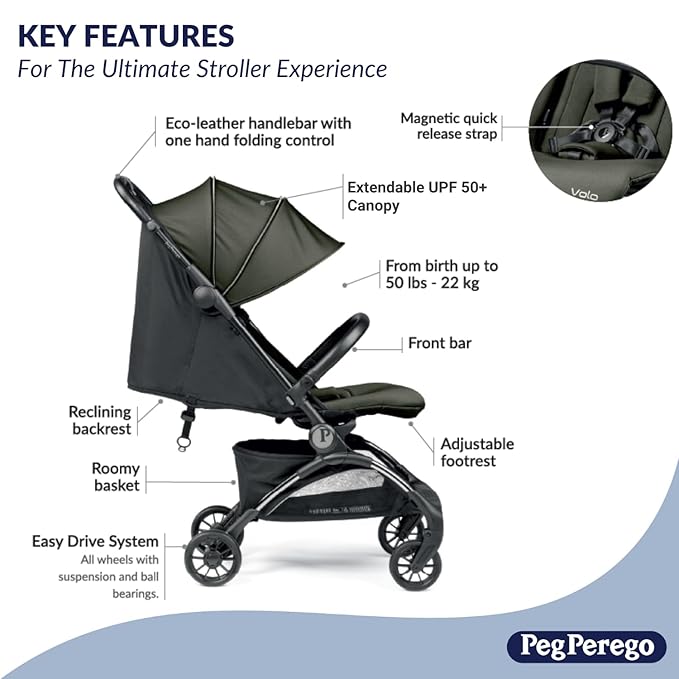Peg Perego Volo, Ultra Lightweight Carry On Compliant Travel Stroller, Adjustable Features & Reclining Seat - Designed for Everyday Comfort from Newborn to 50lbs, Blue Shine (Blue & Copper)