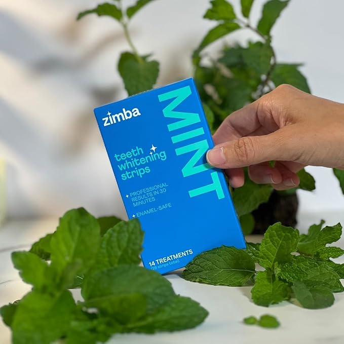 Zimba Teeth Whitening Strips Vegan Whitening Strip Enamel Safe Teeth Whitening Hydrogen Peroxide Teeth Whitener for Coffee, Wine, Tobacco, and Other Stains, 28 Strips (14 Day Treatment), Mint