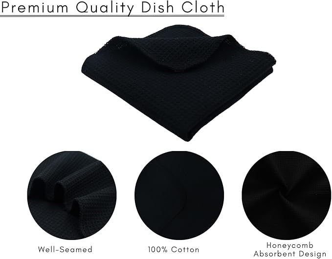 PurpleEssences Dish Cloths and Dish Rags - 6 Pack Waffle Weave Solid Kitchen Dish Wash Cloths, 100% Cotton, 12 x 12 Inches, Ultra Soft Absorbent Quick Drying - Fall Thanksgiving Halloween - Black