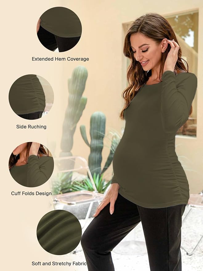 Ecavus Women's Maternity Shirts Long Sleeve Soft Stretchy Pregnancy Tops Side Ruched Casual Mama Clothes