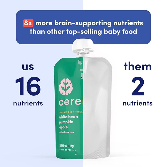 Cerebelly Organic Baby Food Pouches, White Bean Pumpkin Apple Purees, 16 Nutrients, No Added Sugar, Fiber & Non-GMO, 4oz, 6 Pack