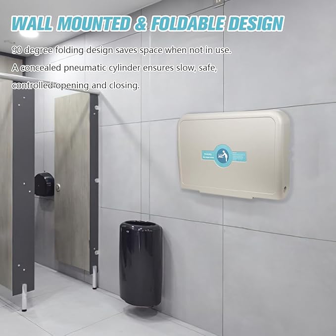 Fold Down Baby Changing Station Wall Mount Horizontal Baby Change Table with Safety Straps for Commercial Restrooms (2 White Granite)