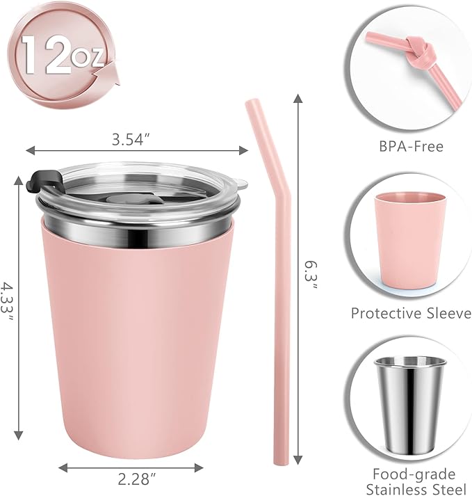 Kids Cups with Straws and Lids Leak Proof, 12oz Sippy Cups for Toddlers 1-3, 2 Pack Spill Proof Cup Stainless Steel Kids Cups with Lids for School, Outdoor (Blue & Pink)