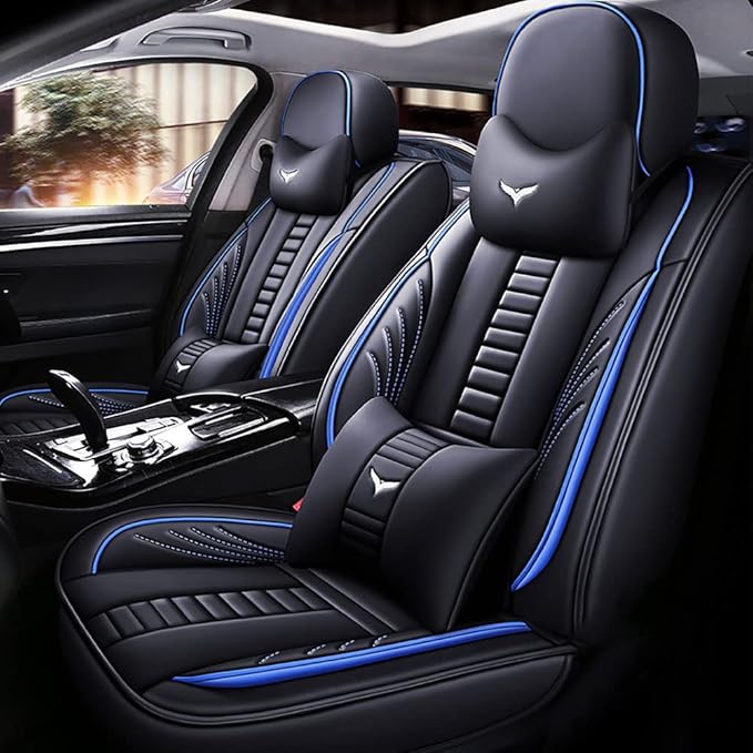 Luxury 2 Seats Car Seat Covers Protectors for Suzuki 1999-2025 95% Models, Back Storage Bag Design & Headrest Pillow & Lumbar Support Black & Blue Line
