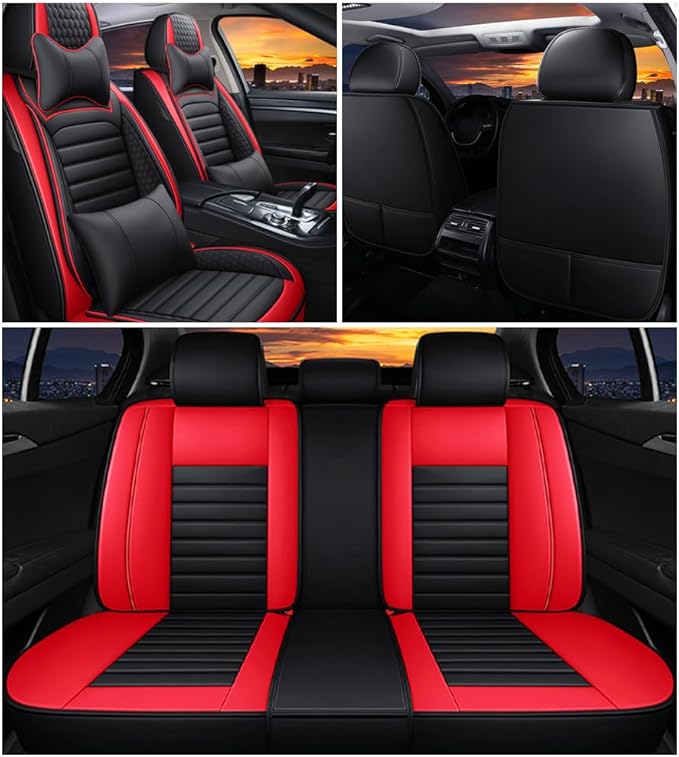 Leather Car Seat Covers for Toyota Corolla 2006-2024,Car Seat Covers Full Set,Seat Covers with Safety,Waterproof Seat Cover Compatible Airbag(5pcs Black&Red Bars Luxury)