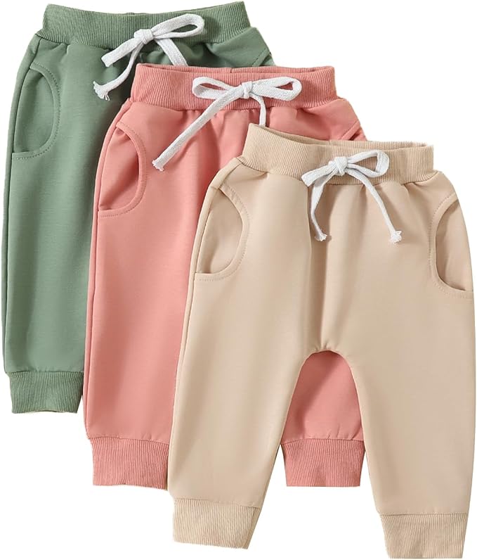 Sejardin Toddler Baby Boy Girl Pants 3 Pack Solid Color Elastic Waist Jogger Sweatpants Newborn Infant Casual Bottoms