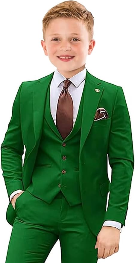 Boys Suit 4 Piece Slim Fit Kids Tuxedo Suit Formal Wedding Outfit Blazer Vest Pants Set with Tie