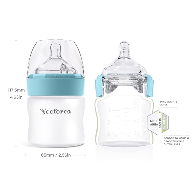 Yooforea Silicone Coated Glass Baby Bottle, 0M+ Slow Flow Nipple I Anti-Colic, Wide Neck, Stable Base I Medical-Grade Silicone Coating for Shatter Protection, BPA BPS PVC Free (2 Pack, 3 Ounce-Fog)