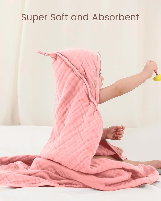 Hooded Baby Towels for Newborn, 35x35 Inch 2 Pack 100% Muslin Cotton Baby Bath Towel with Hood for Baby Toddler and Kids Baby Boy & Girl Towels, Dusty Pink+ Roman Green