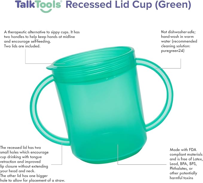 TalkTools Recessed Lid Cup with Handles - Leak Proof | Promotes Oral Motor Skills, Lip Closure, and Self Feeding | Alternative to Sippy Bottle | Food Grade Materials | Dishwasher Safe (Green)