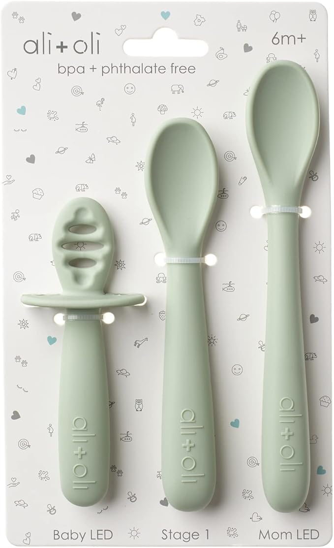 Ali+Oli (3pc) Silicone Spoon Set for Baby (Pine) Unbreakable Baby Spoons, Self Feeding Utensils, Multi-stage Design, Ergonomic Handle