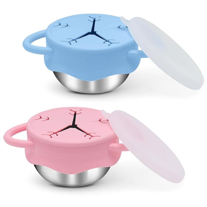 2 Pack Toddler Snack Containers –13.5oz Food Grade Stainless Steel Snack Cups for Toddlers Spill Proof with Snowflake Silicone Lids & Handles, Baby Snack Containers, Dishwasher Safe Toddler Snack Cups