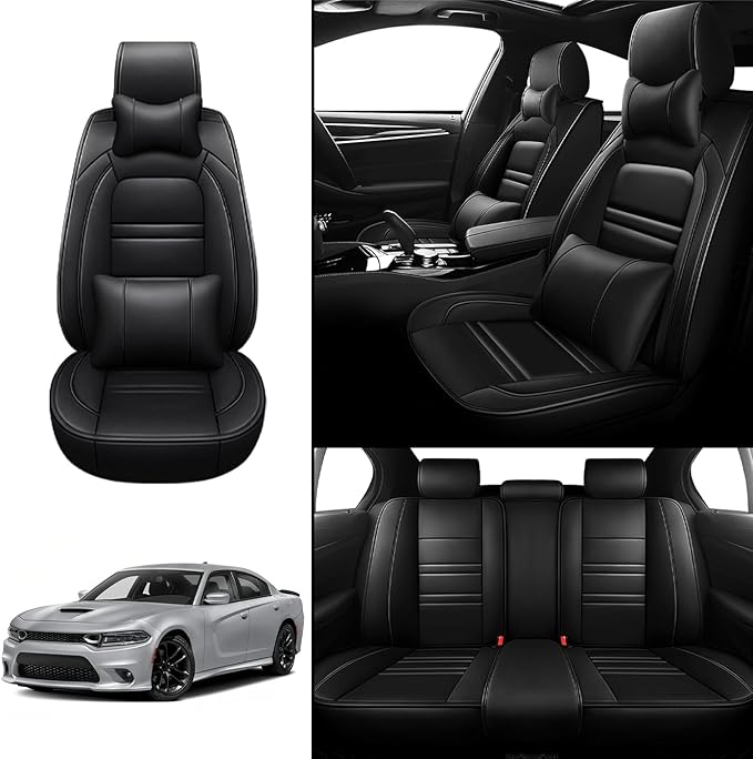 Car Seat Covers for Dodge Charger 2006-2023 | 5-Seats Seat Covers, Waterproof Seat Protectors, Automotive Seat Covers (Full Set with Pillow,Black)