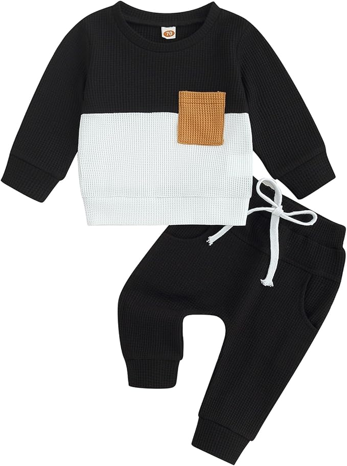 Toddler Baby Boy Fall Clothes Waffle Contrast Color Sweatshirt Pants Sets Infant Winter Outfits 6 12 18 24 Months