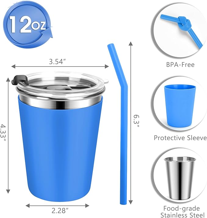 Kids Cups with Straws and Lids, 5 Pack 12oz Spill Proof Toddlers Straws Tumbler with Lids, Stainless Steel Sippy Cups with Lids for School, Outdoor, Multicolor