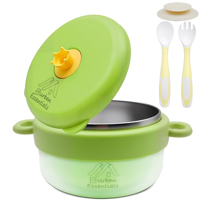 Baby Bowl with Suction, BPA-Free, Premium Food Grade 304 Stainless Steel, Thermo-Color Changing, Foldable Spoon & Fork, Non-Slip Handles for Babies, Toddlers, Kids (Green)