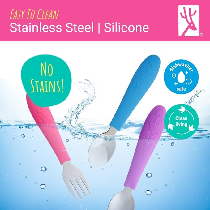 Elk and Friends Kids Silverware with Silicone Handle | Childrens Safe Flatware | Toddler Utensils | Baby Spoons + Forks | Stainless Steel Cutlery