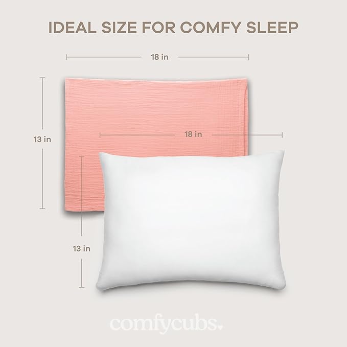 Comfy Cubs Toddler Pillow with Muslin Pillowcase, 13 x 18 in - Travel and Sleep Support for Kids - Lightweight, Breathable Microfiber Fill - Soft and Cozy Small Pillow for Toddlers - Blush