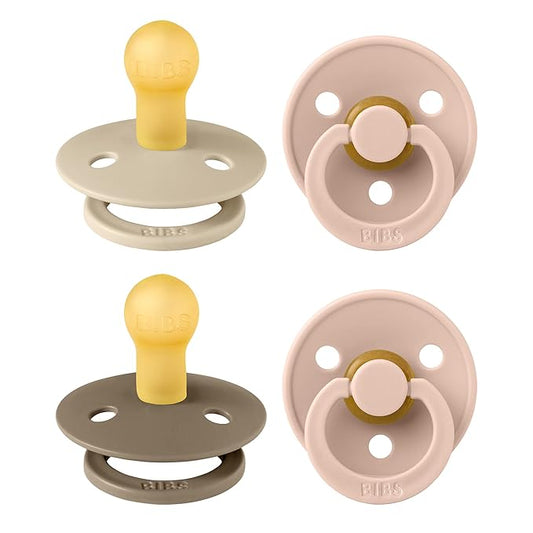BIBS Pacifiers - Colour 4 Pack | Round Nipple Baby Pacifier | BPA Free Natural Rubber Latex Soother | Made in Denmark | Size 0-6 Months | Pink Colors