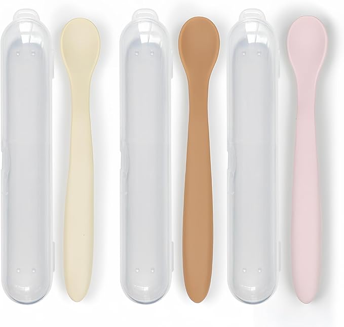3-Piece Silicone Baby Feeding Spoons with Hygienic Travel Case, First Stage Infant Spoons, Soft-Tip Easy on Gums, Baby Training Spoon,Infant Utensils Feeding Supplies,Dishwasher & Boil-proof