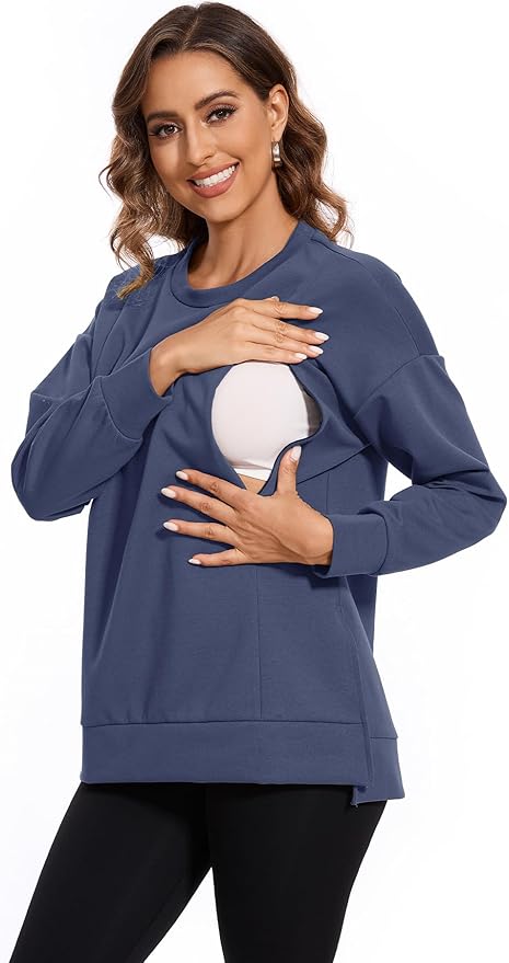 Smallshow Women's Nursing Tops Sweatshirt Long Sleeve Side Split Breastfeeding Shirt
